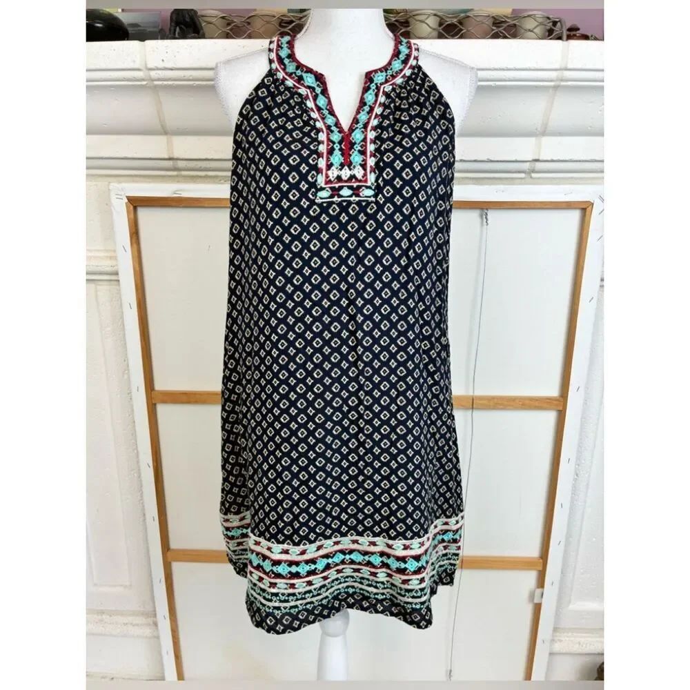 THML Sleeveless V neck Printed Shift Dress with Tribal Embroidery